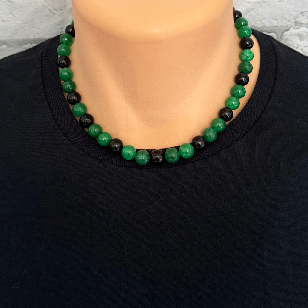 Mens Green Agate and Black Onyx 10mm Beaded Necklace