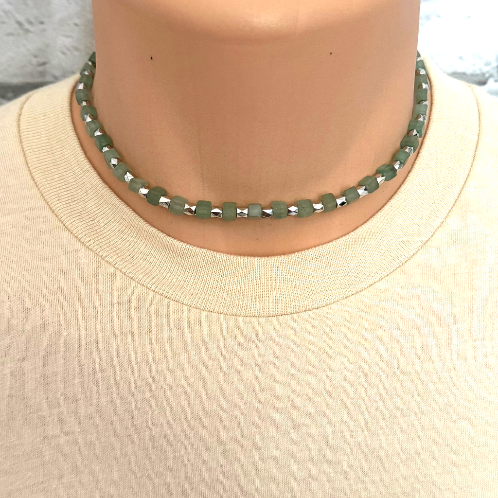 Mens Green Aventurine Cube and Silver Beaded Necklace