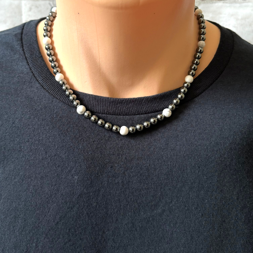 Mens 6mm Hematite and Howlite Beaded Necklace