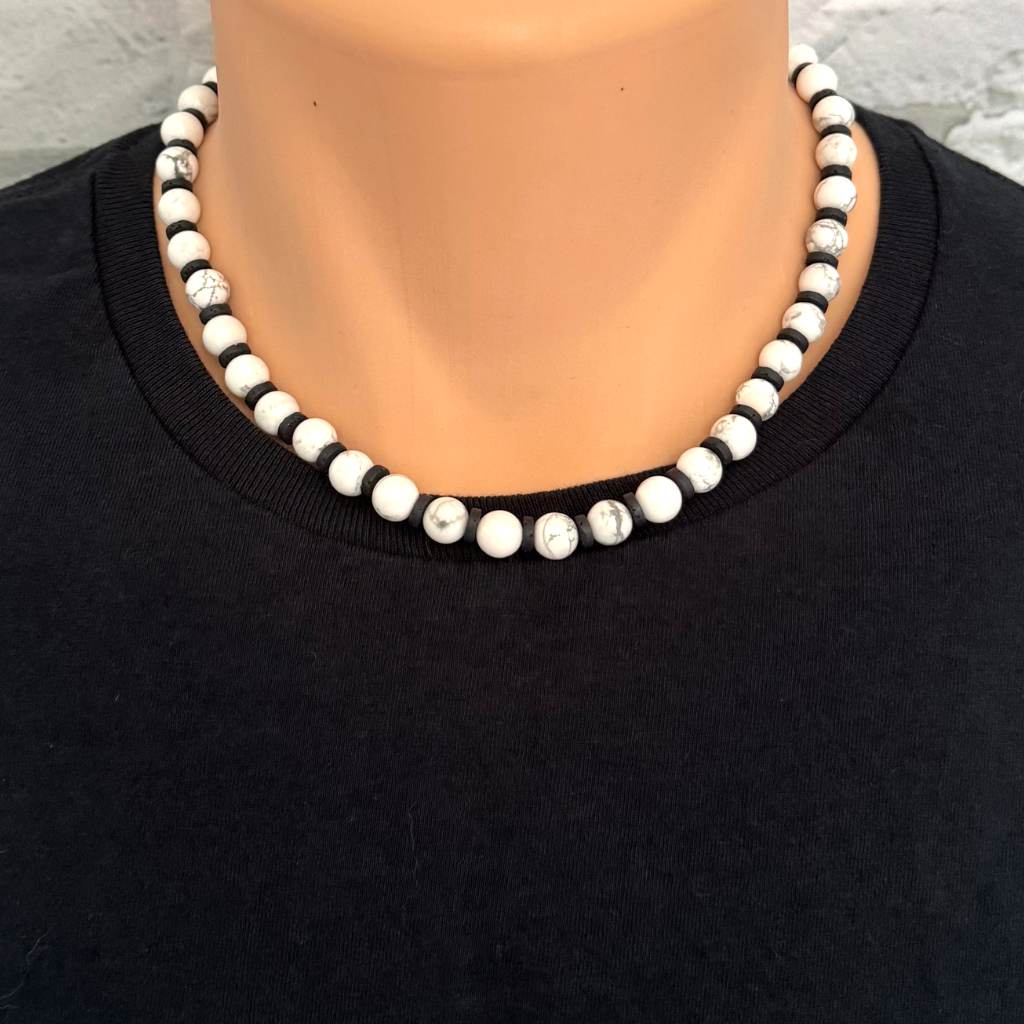 Mens White Howlite and Black Lava Beaded Necklace