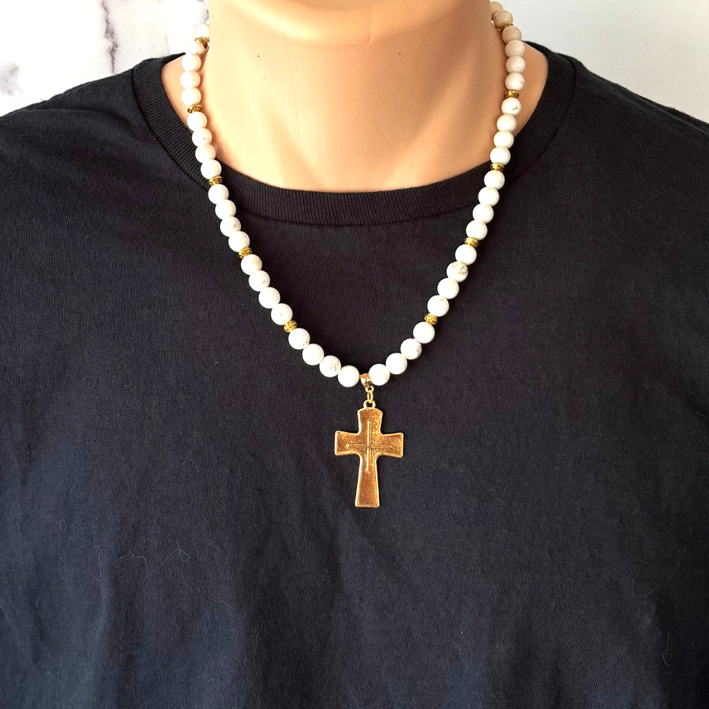 Mens Magnesite Beaded Necklace with Large Gold Cross