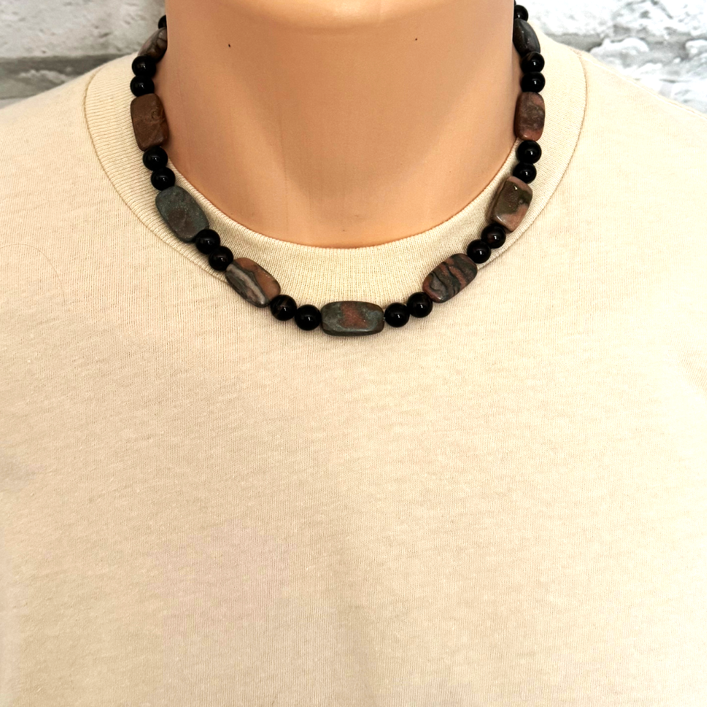 Mens Brown Marble and Black Onyx Beaded Necklace