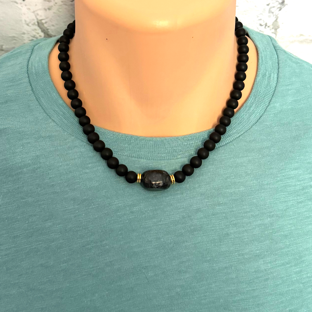 Mens Matte Black Onyx and Serpentine Nugget Beaded Necklace