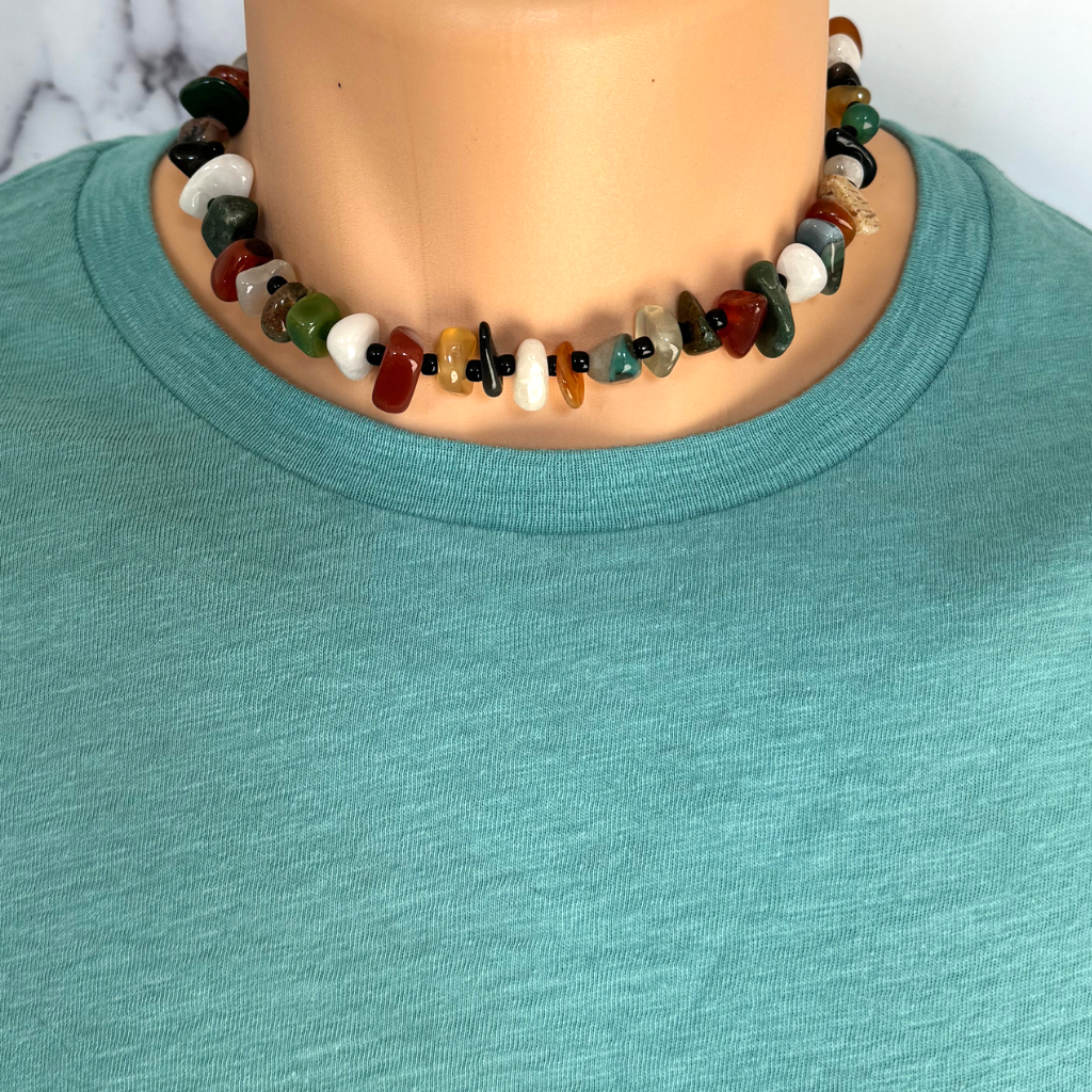 Mens Multi Colored Agate Nugget Necklace