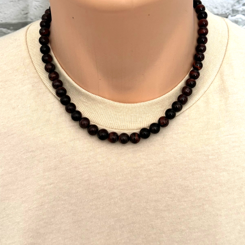 Mens Red Tiger Eye Beaded Necklace