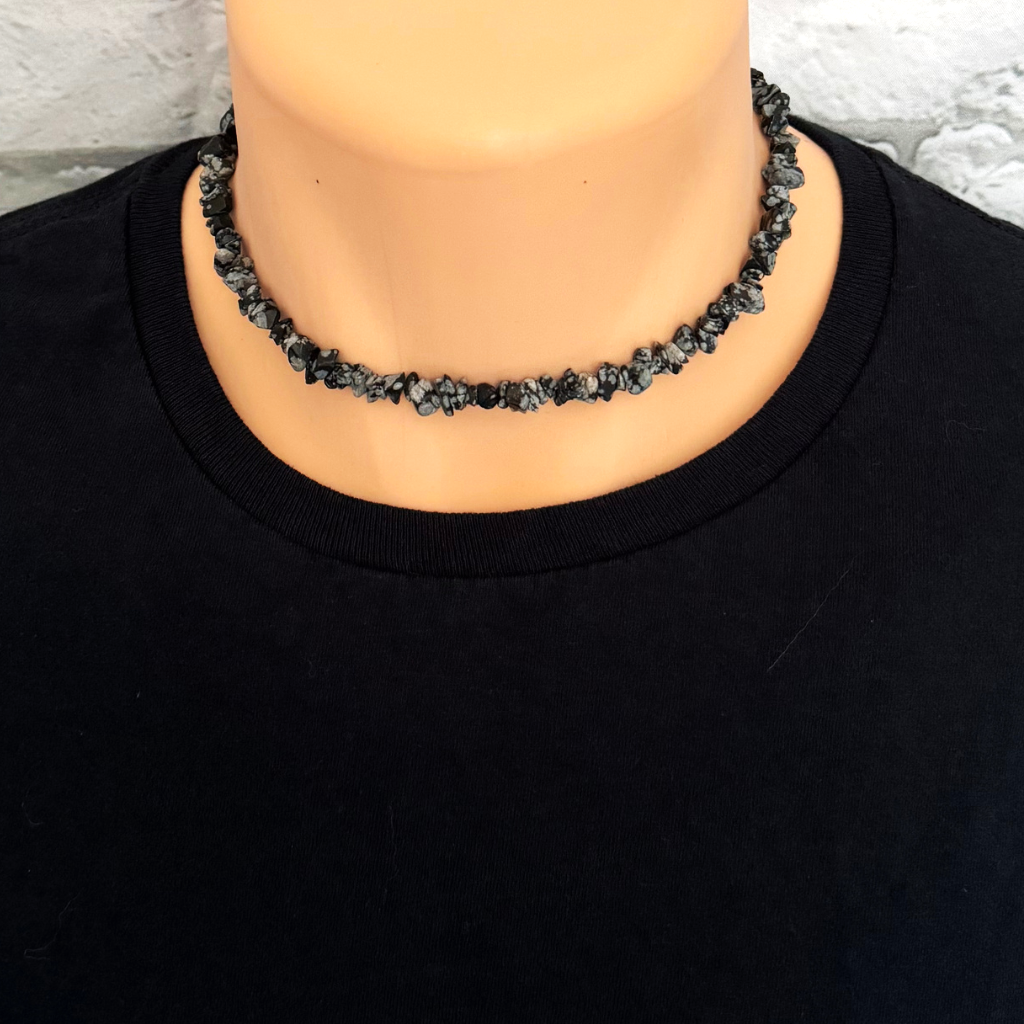 Mens Snowflake Obsidian Chip Beaded Necklace