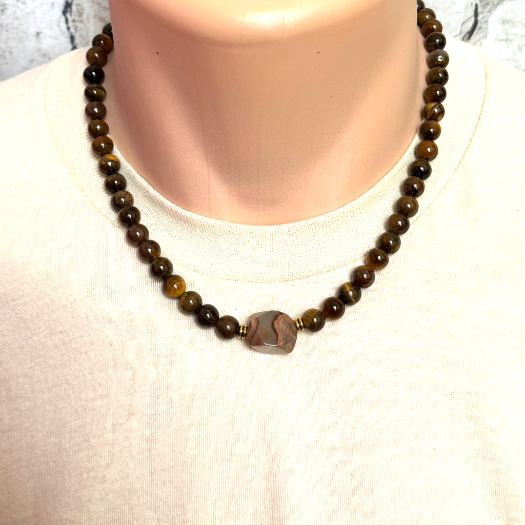 Tigers Eye and Agate Stone Beaded Mens Necklace