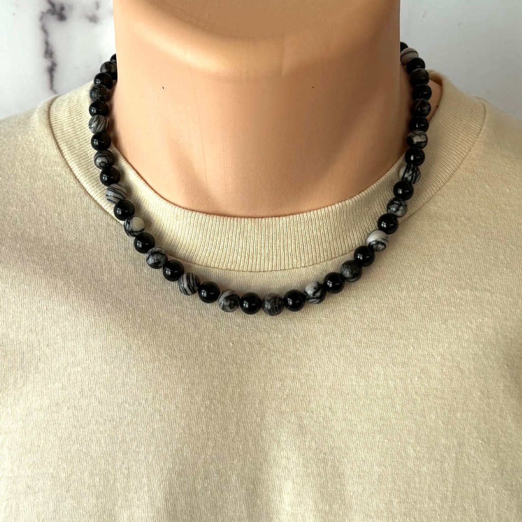 Mens Black Water Jasper and Black Onyx Beaded Necklace