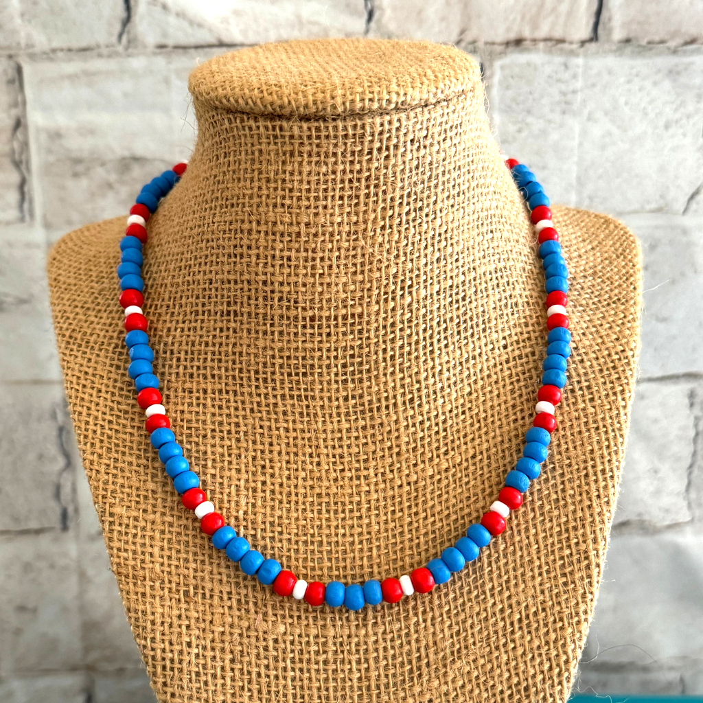 Red White and Blue Wood Beaded Mens Necklace