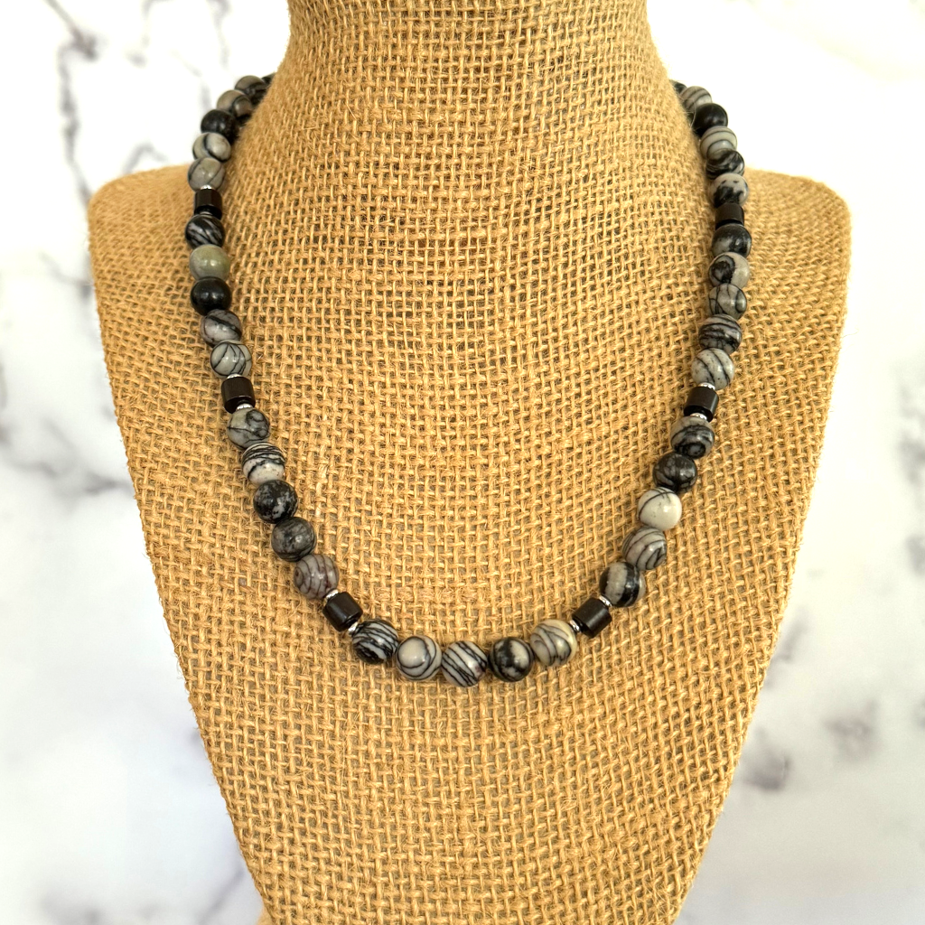 Mens Black Water Jasper and Black Wood Beaded Necklace