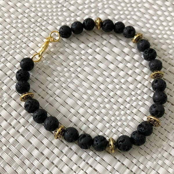 Buy the Black Lava and Gold Beaded Mens Bracelet | JaeBee Jewelry
