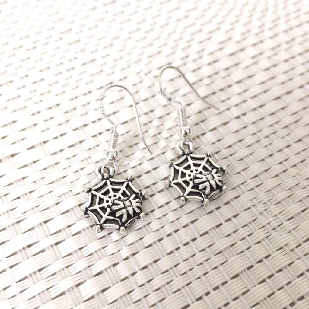 Halloween Spider on Spiderweb Dangle Earrings-Dangle Earrings,Halloween,Silver Earrings