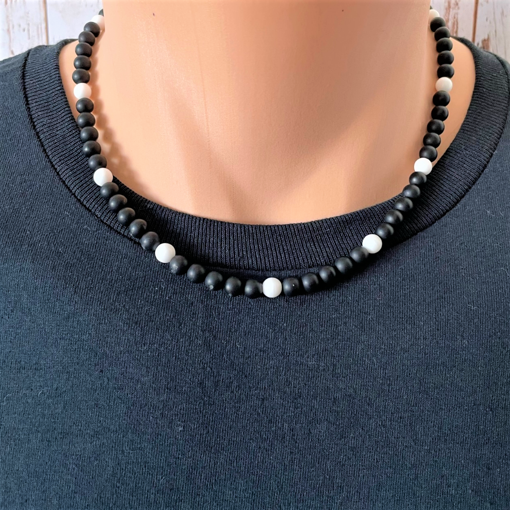 Buy Mens Matte Black Onyx and White Beaded Necklace | JaeBee Jewelry
