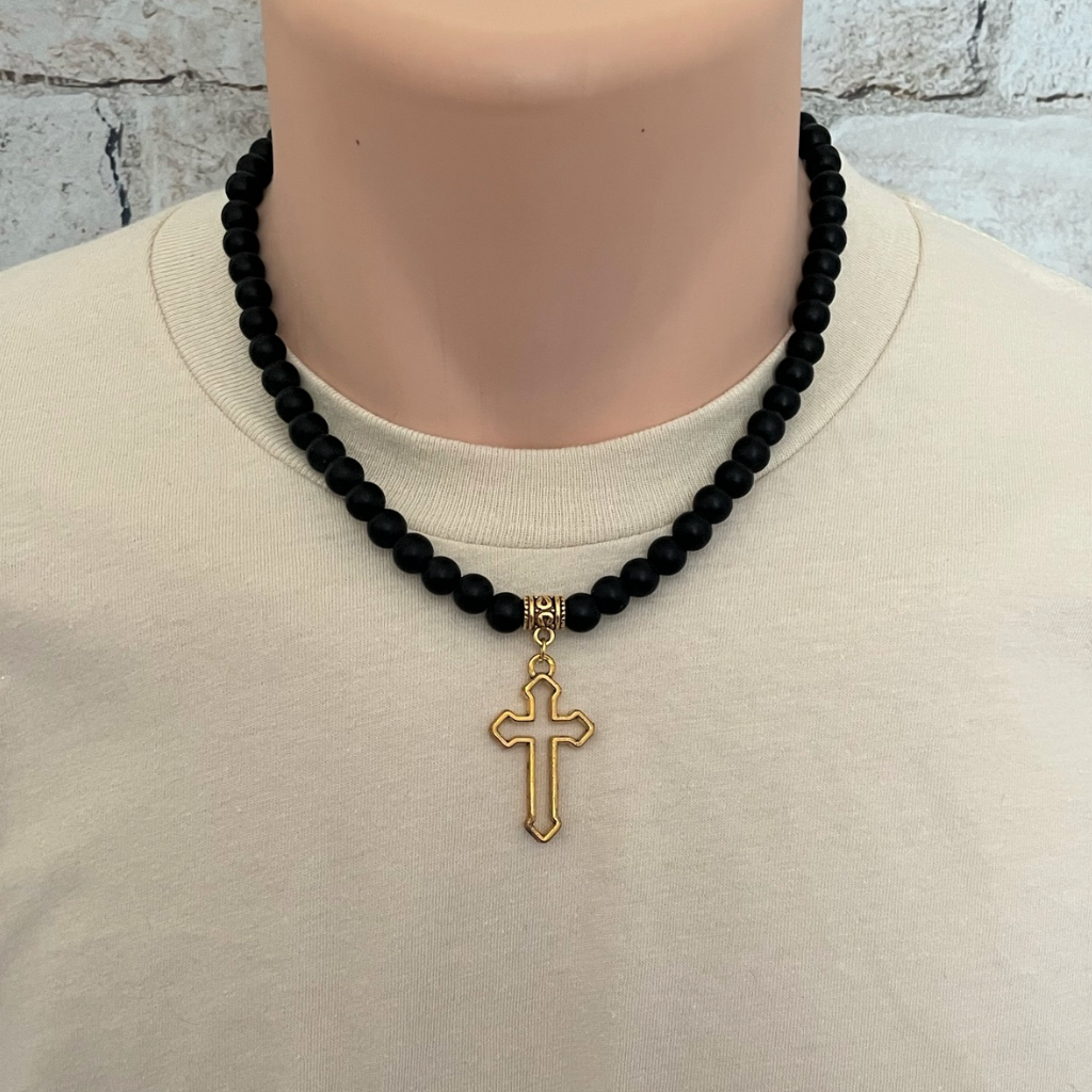 Buy Black Onyx Matte Mens Beaded Gold Cross Necklace | JaeBee Jewelry