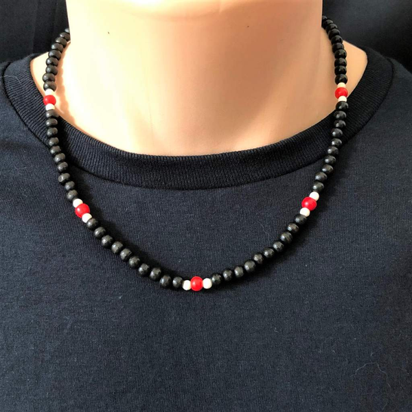Buy the Mens Black Red and White Wood Beaded Necklace | JaeBee
